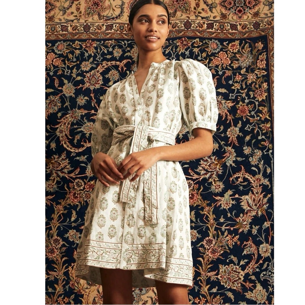 Hannah Artwear || Linen‎ Belted Mini Dress Floral Block Print Green Size 1